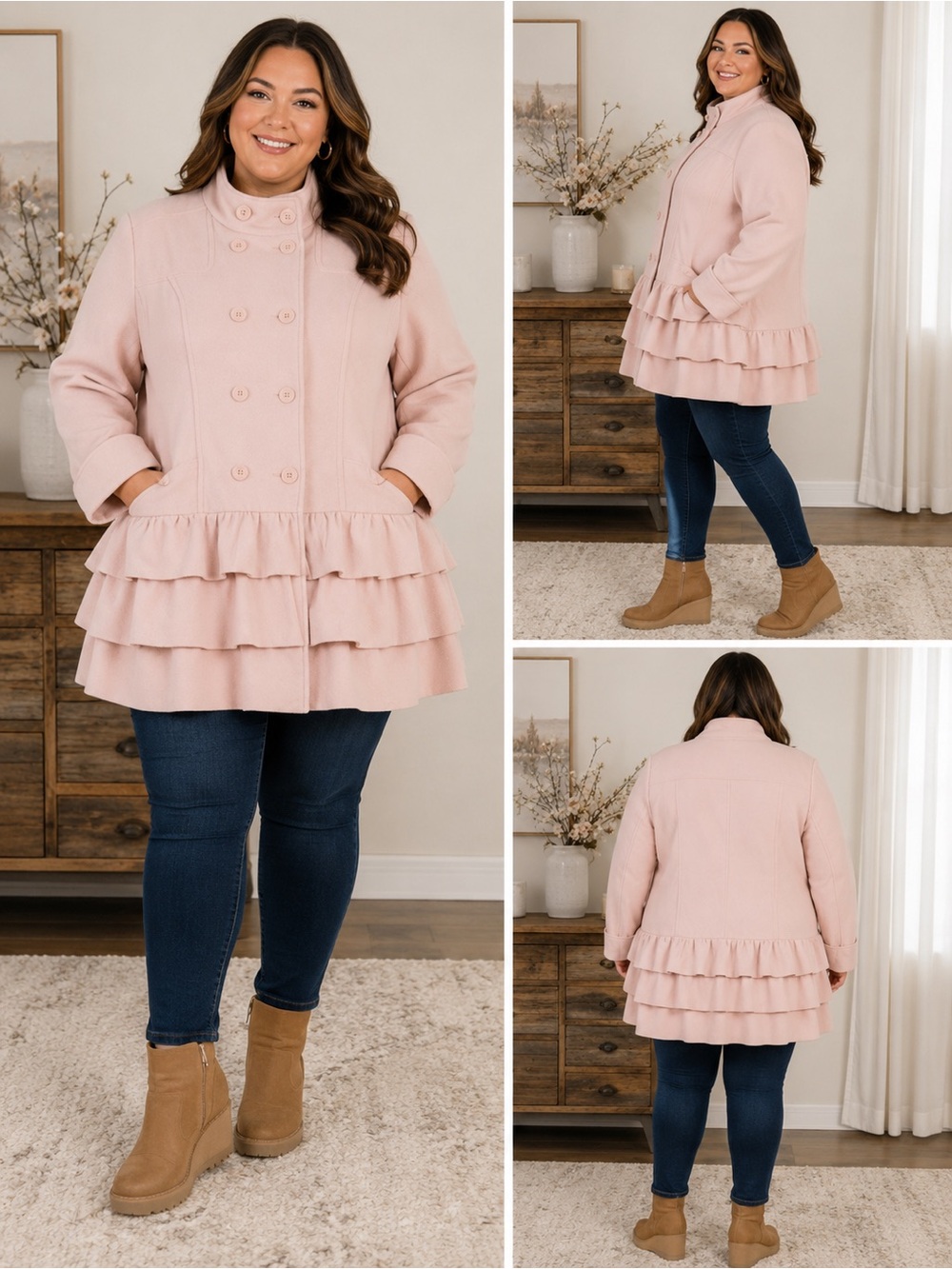 Blush Pink Pea Coat with Tiered Ruffle Hem